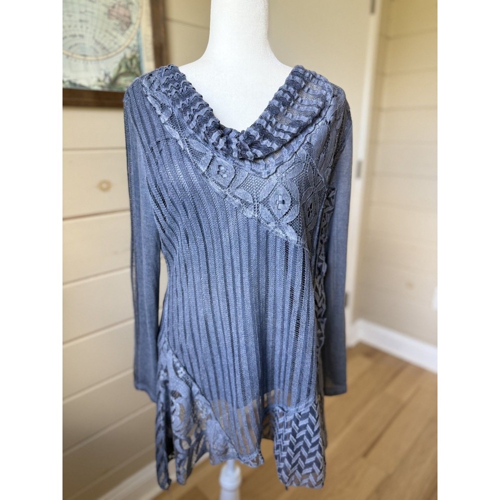 Radzoli Tunic Top Mixed Lace Knit Asymmetric Cowl Neck Blue Women L Boho Artisan
